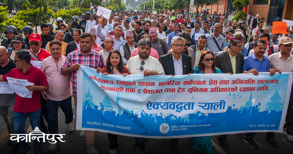 Various professionals and civil society representatives participating in the 'solidarity rally' held from Maitighar…